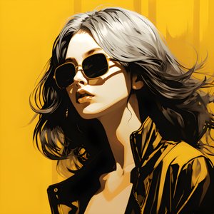 ilustracja przedstawiająca dziewczynę w żółtych okularach przeciwsłonecznych, z włosami na twarzy i uszami, w stylu estetyki filmu noir 2