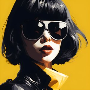 ilustracja przedstawiająca dziewczynę w żółtych okularach przeciwsłonecznych, z włosami na twarzy i uszami, w stylu estetyki filmu noir 3