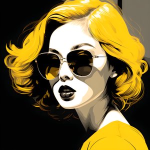 ilustracja przedstawiająca dziewczynę w żółtych okularach przeciwsłonecznych, z włosami na twarzy i uszami, w stylu estetyki filmu noir 4
