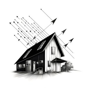ilustracja domu z zamontowanymi panelami słonecznymi, z ogromną strzałką skierowaną w prawo i do góry 4