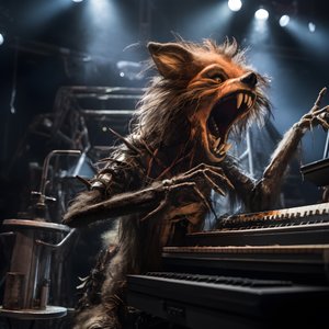 przerażające, włochate, zepsute zwierzęce animatroniki wykonujące muzykę na scenie 2