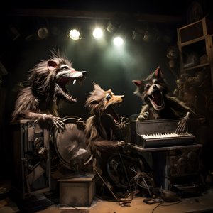 przerażające, włochate, zepsute zwierzęce animatroniki wykonujące muzykę na scenie 3