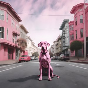 różowy pies w środku miasta San Francisco 1