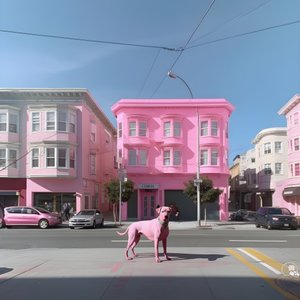 różowy pies w środku miasta San Francisco 2
