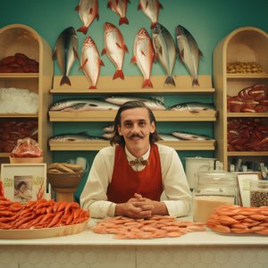 surrealistyczny wizerunek polskiego handlarza rybami z lat 50