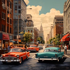 miasto lat 50-tych z czerwonymi samochodami 2