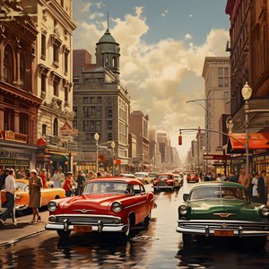 miasto lat 50-tych z czerwonymi samochodami 3