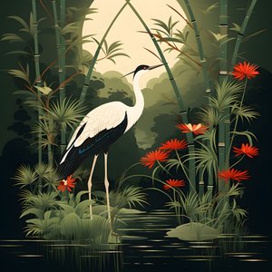 piękna japońska ilustracja żurawia i bambusa 1