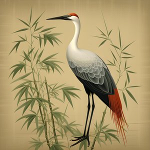 piękna japońska ilustracja przedstawiająca żurawia i bambusa 2