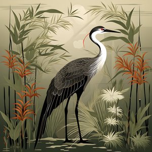 piękna japońska ilustracja przedstawiająca żurawia i bambusa 3