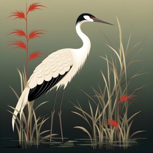 piękna japońska ilustracja przedstawiająca żurawia i bambusa 4
