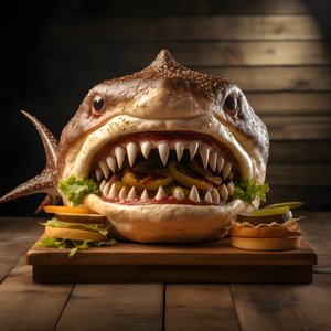 duży cheeseburger z głową rekina z wołowiną na desce 2 autorstwa Kurt Heppke