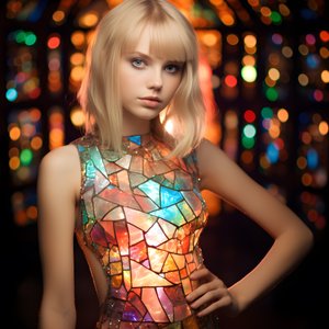 Ładna blondynka w wieku 14 lat, ubrana w kolorową sukienkę witrażową Tiffany 1