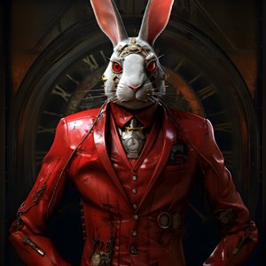 męski antropomorficzny cybernetyczny zegarek punkowy króliczek android, w czerwonym surducie 2