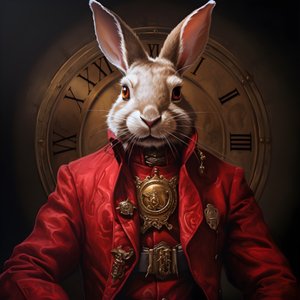 męski antropomorficzny cybernetyczny zegarek punkowy króliczek android, w czerwonym surducie 3