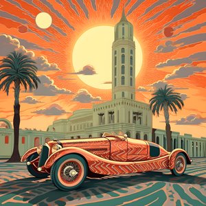 piękne, eleganckie, minimalistyczne, pikowane arcydzieło w stylu artystycznym Sheparda Fairey::1 upamiętniające Grand Prix Monako 1940, rywalizujące ze sobą historyczne samochody wyścigowe. 2