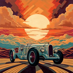 piękne, eleganckie, minimalistyczne, pikowane arcydzieło w stylu artystycznym Sheparda Fairey::1 upamiętniające Grand Prix Monako 1940, rywalizujące ze sobą historyczne samochody wyścigowe. 3