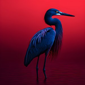 cyfrowe dzieło sztuki synthwave przedstawiające egzotyczną czaplę kobaltową na czerwonym papierze 3