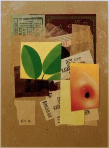 Bez tytułu (z kawałkiem jabłka i zielonymi liśćmi) autorstwa Kurt Schwitters