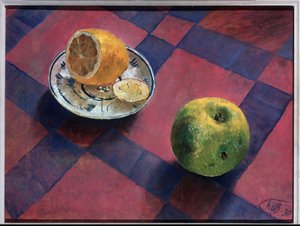 Jabłko i cytryna. (Jabłko i Cytryna). Obraz Kuzmy Sergeevich Petrov Vodkin (Petrov-Vodkin) (Kouzma Petrov Vodkin) (Petrov-Vodkin) (1878-1939), olej na płótnie autorstwa Kuzma Sergeevich Petrov Vodkin