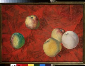 Jabłka na czerwonym tle. (Jabłka Na Czerwonym Tle). Obraz Kuzmy Sergeyevich Petrov Vodkin (Petrov-Vodkin) (Kouzma Petrov Vodkin) (Petrov-Vodkin) (1878-1939), olej na płótnie autorstwa Kuzma Sergeevich Petrov Vodkin