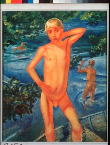 Kąpiel chłopców. Obraz Kuzmy Sergeevich Petrov Vodkin (Petrov-Vodkin) (Kouzma Petrov Vodkin) (Petrov-Vodkin) (1878-1939), olej na płótnie autorstwa Kuzma Sergeevich Petrov Vodkin