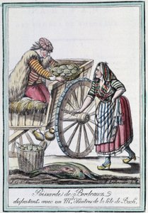 Poissaarde de Bordeaux spiera się z kupcem ostryg z głowy Buch - w „Encyklopedii podróży” J. Grasset St Sauveur, Deron, Paryż autorstwa L.F. Labrousse