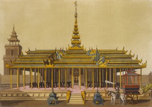 Król Syjamu przemawia do dworzan w swoim pawilonie, tablica 69 z Le Costume Ancien et Moderne Julesa Ferrario, rytowana przez Gaetano Zancona (1771-1816) wydana ok. 1820-30. autorstwa L. Rossi