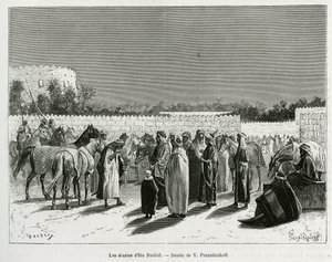 Stajnie emira Muhammada Ibn Abdullaha Al Rashida, ilustracja z „Pielgrzymki do Nejd, kolebki rasy arabskiej”, opublikowanej w „World Tour” prowadzonym przez Edouarda Chartona autorstwa Lady Anne Blunt