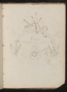 Studium materiałów artystów, motyla, kwiatów, flag, klifu i girlandy w formacji herbowej wokół napisu "Zakończono 12 sierpnia 1861" autorstwa Lady Butler