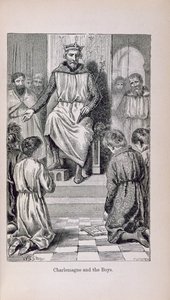 Karol Wielki (742-814) i chłopcy, ilustracja z "Historii Francji Małego Artura: Od najdawniejszych czasów do upadku Drugiego Cesarstwa" wydanej w 1899 r.