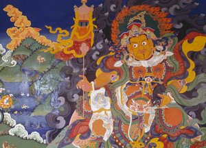 Fresk przedstawiający kolorowe bóstwa, buddyjski klasztor Lamayuru (Lamayuru Gompa), Himalaje, dystrykt Ladakh, stan Dżammu i Kaszmir, Indie