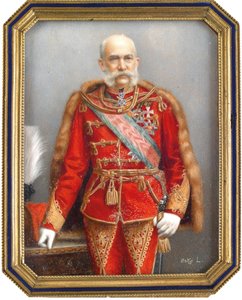 Portret Francois Joseph I Austria (1830-1916), w węgierskim mundurze. Praca Lajosa Osko (1865-1922), akwarela i gwasz na rogu. Sztuka węgierska, sztuka akademicka. Prywatna kolekcja. autorstwa Lajos Osko
