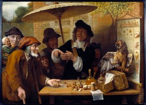Szarlatan. Traveller debatuje nad dodatkami do sprzedaży narkotyków na publicznym placu. Obraz Lamberta Doomera (1623-1700)