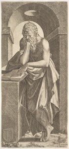 Św. Szymon stojący przed otwartą księgą z palcami lewej ręki przyciśniętymi do …, 1545.