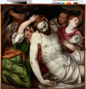 Pieta et anges (Pieta z aniołami) Obraz Lamberta Sustrisa (1515-1584) XVI w. Słońce 83x84 cm Musei di Strada Nuova Genes autorstwa Lambert Sustris