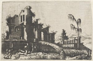 Landschap met bevröde ruïnes en traveller Rysunki ruin różnych manufaktur bardzo przydatne malarzom i innym tego typu artystom (tytuł serii)