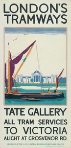„Tate Gallery”, plakat London County Council LCC Tramways, 1925 autorstwa Lance Cattermole