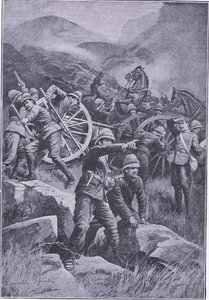 Pistolet przewrócony na zboczu wzgórza, z książki After Pretoria: The Guerilla War wydanej przez Harmsworth Bros Limited, 1901 autorstwa Lancelot Speed