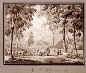 Śniadanie Impress Josephine de Beauharnais w Cervos w 1810 roku. Rysunek Theodore Turpin De Crisse (1782-1859)