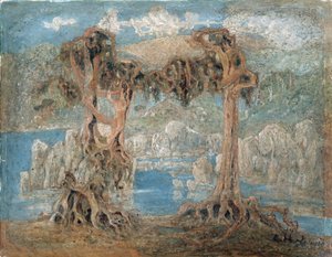 ""Landscape"" Chude drzewa nad brzegiem morza, Norwegia - Obraz Larsa Herterviga (1830-1902) 1902 Narodowe Muzeum Sztuki, Oslo, Norwegia