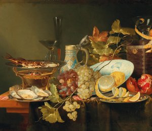 Martwa natura z owocami, chińska porcelanowa misa i ryba na kuchence
