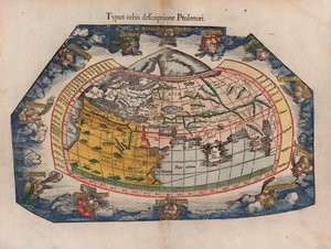 Mapa świata spisana przez Ptolemeusza (Typus Orbis Descriptione Ptolemaei) Laurenta Friesa z 1541 przedruku jego 1522 map Gaspara Trechsela dla Geografii Ptolemeusza autorstwa Laurent Fries
