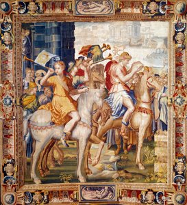 Jazda Herautów. Kurtyna z Historii Artemise. Gobelin z wełny i jedwabiu wykonany przez Laurenta Guyota (1756-1806) i Henri Leramberta (ok. 1540/1550-1608) w warsztatach faubourg Saint Marcel (1601-vers1670). Paryż XVII w., meble narodowe