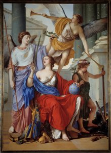 Alegoria regencji Anny Austriackiej (1601-1666) Regentę otacza alegoria Rename and Peace. Kontekstem jest kontekst wojny trzydziestoletniej, Francja otrzymała Pokój od Zwycięstwa, alegorię traktatu westfalskiego w 1648 r. Malarstwo autorstwa