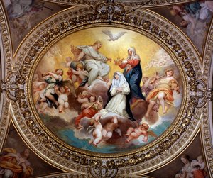 Najświętsza Panna koronująca św. Różę z Limy Jezusem i Duchem Świętym (obraz