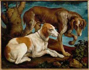 Deux chiens de chasse lies a une souche - Dwa psy myśliwskie przywiązane do pnia drzewa ... autorstwa Leandro da Ponte Bassano