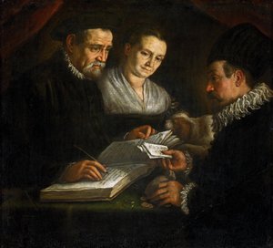 Kantor Orazio Lago, jego żona i klient - Kantor Orazio Lago, jego żona i klient - Leandro Bassano (1557-1622). Olej na płótnie, ca. 1600. Wymiary: 93x101 cm. Muzeum Historii Sztuki, Wiedeń autorstwa Leandro da Ponte Bassano