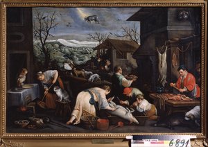 ""Miesiąc grudzień"" (grudzień) Świnie są poddawane ubojowi. Symbol znaku Koziorożca na niebie. Obraz Leandro Bassano da Ponte (1557-1622) 1595-1600 Państwowe Muzeum Sztuki Tula Rosja