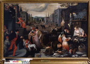 „Le mois de fevrier”” (luty) Scena spaceru w czasie Karnawału. Symbol znaku Ryb na niebie. Obraz Leandro Bassano da Ponte (1557-1622) 1595-1600 Wymiary 144x190 cm Państwowe Muzeum Sztuki Tula Rosja autorstwa Leandro da Ponte Bassano
